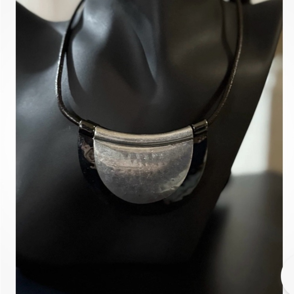 Robert Lee Morris SoHo Copper, Silver tone and Black Leather Crescent Necklace